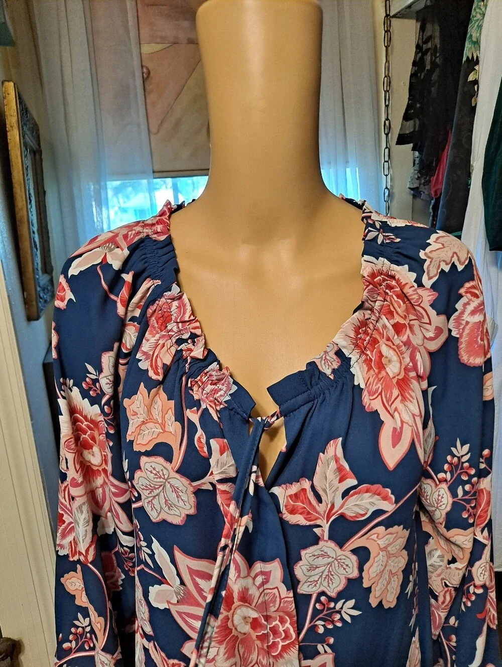 Finn & Grace Navy Floral Tie-Neck Flowy Blouse